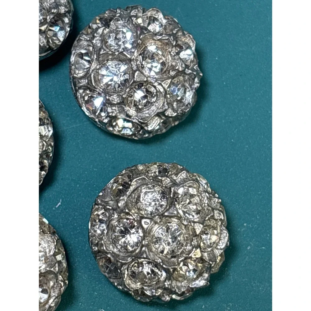 7pc Silver Clear Rhinestone Domed Shank Buttons Antique Style Round Pavé Crystal